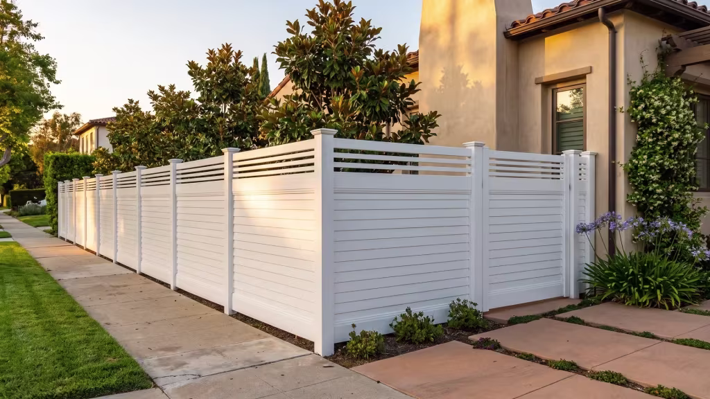 White vinyl privacy fence with horizontal boards and a horizontal picket top beside a public sidewalk garden