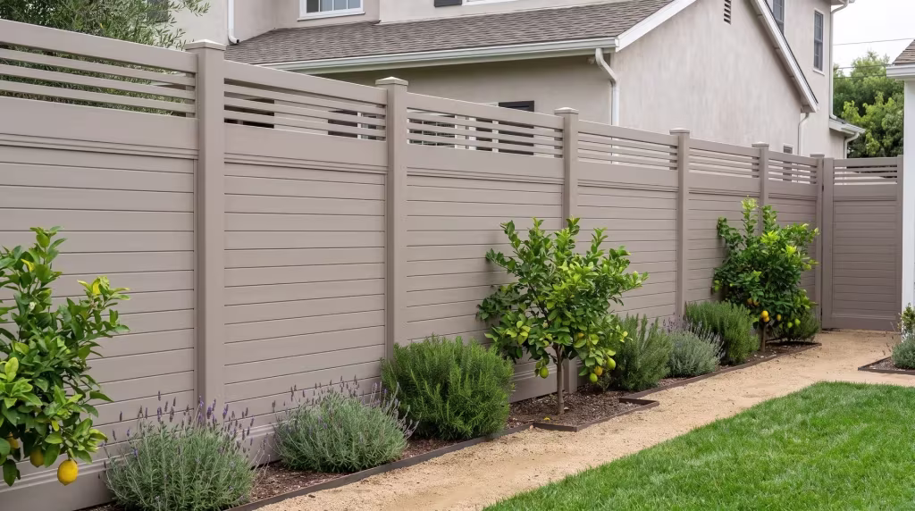 Clay vinyl fence combines horizontal privacy boards with a picket top along a steel-edged granite path near lemon trees