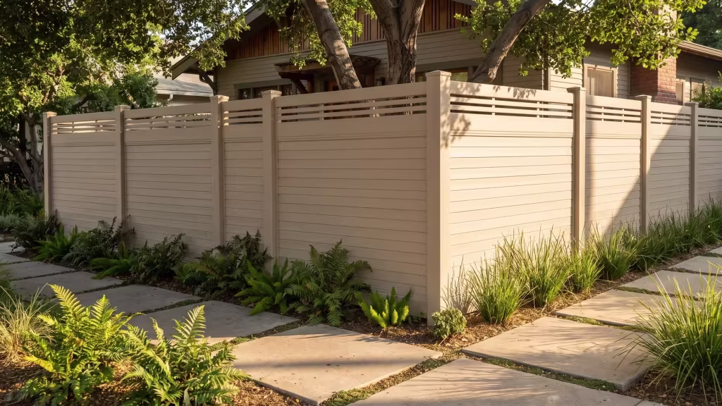 Tan vinyl horizontal-board privacy fence carries a horizontal picket top rail where the run turns at a corner lot
