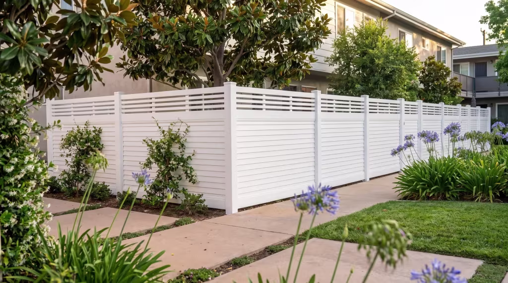 White vinyl horizontal privacy boards rise to a picket top beside magnolia and jasmine in a courtyard yard