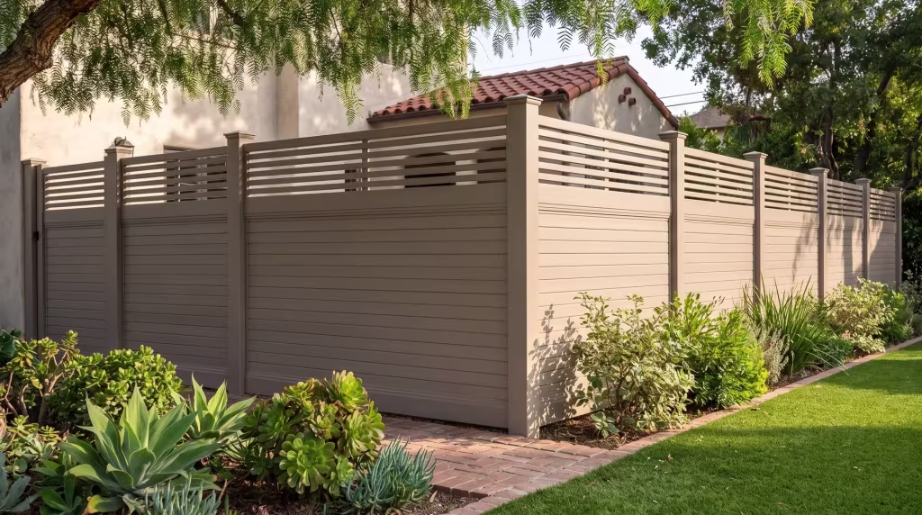 Clay vinyl privacy fence, horizontal boards under a picket top, turns the corner along a brick-edged garden path