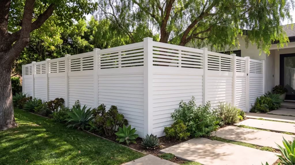 White vinyl horizontal privacy fence rises beside concrete pavers at a restrained modern home's front yard