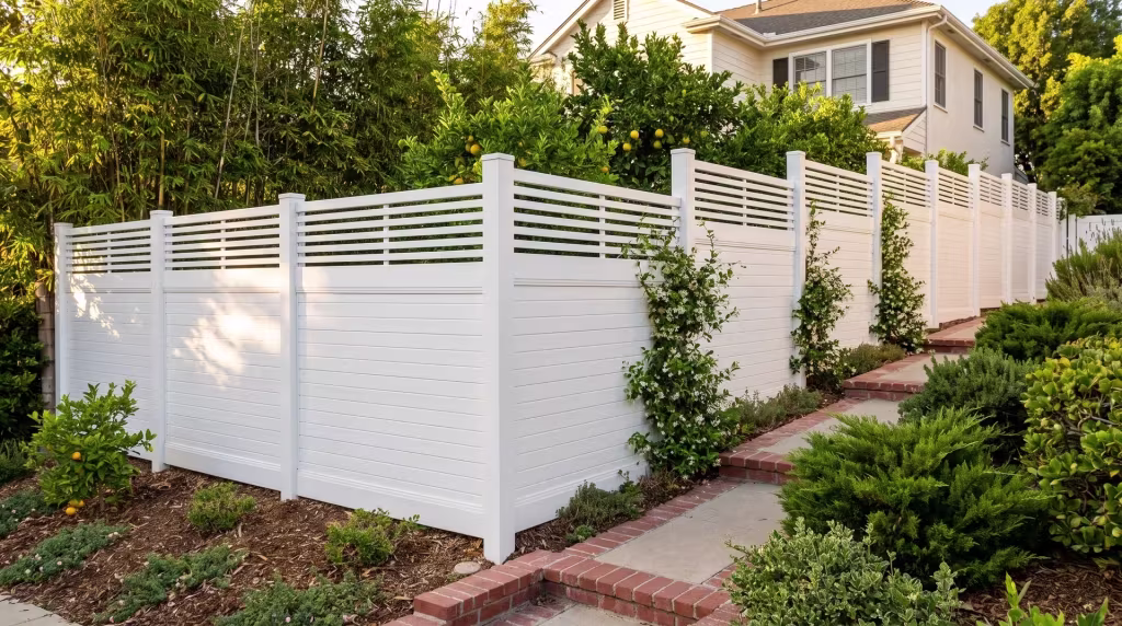 White vinyl fencing, horizontal boards capped by a picket top, steps down a bamboo-lined sloped garden