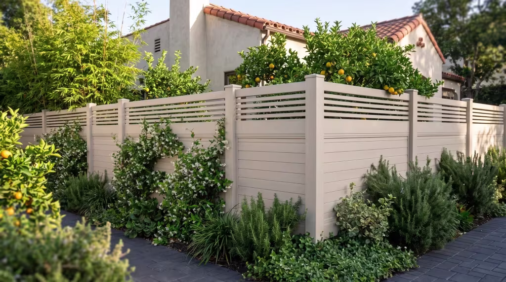 Tan vinyl horizontal privacy fence rises beside dark charcoal pavers softened by planting near the sidewalk