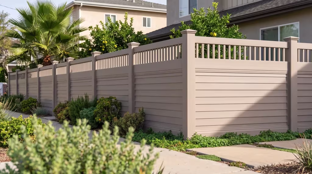 Pavers set with narrow planting joints edge this Clay vinyl fence, horizontal privacy boards under a vertical picket top