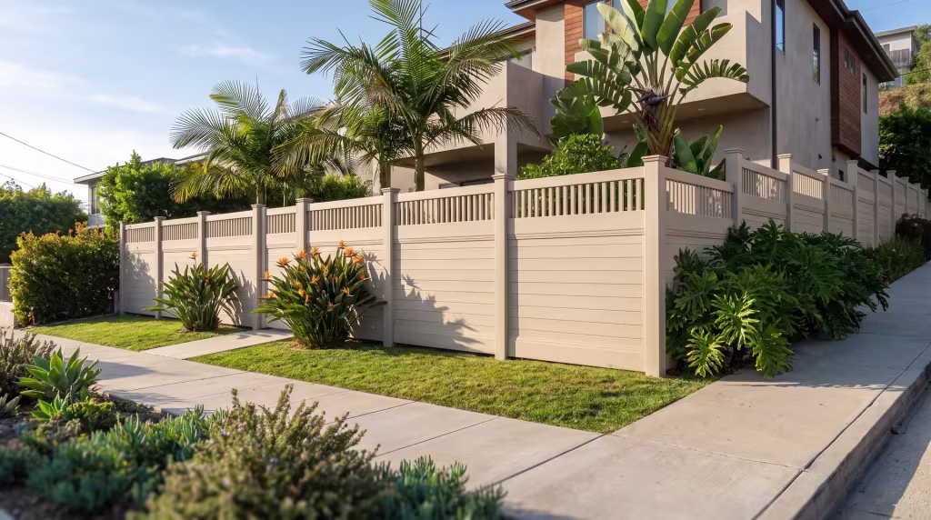 Queen palms and bird-of-paradise rise beside a Tan vinyl fence built horizontal and finished with a picket top