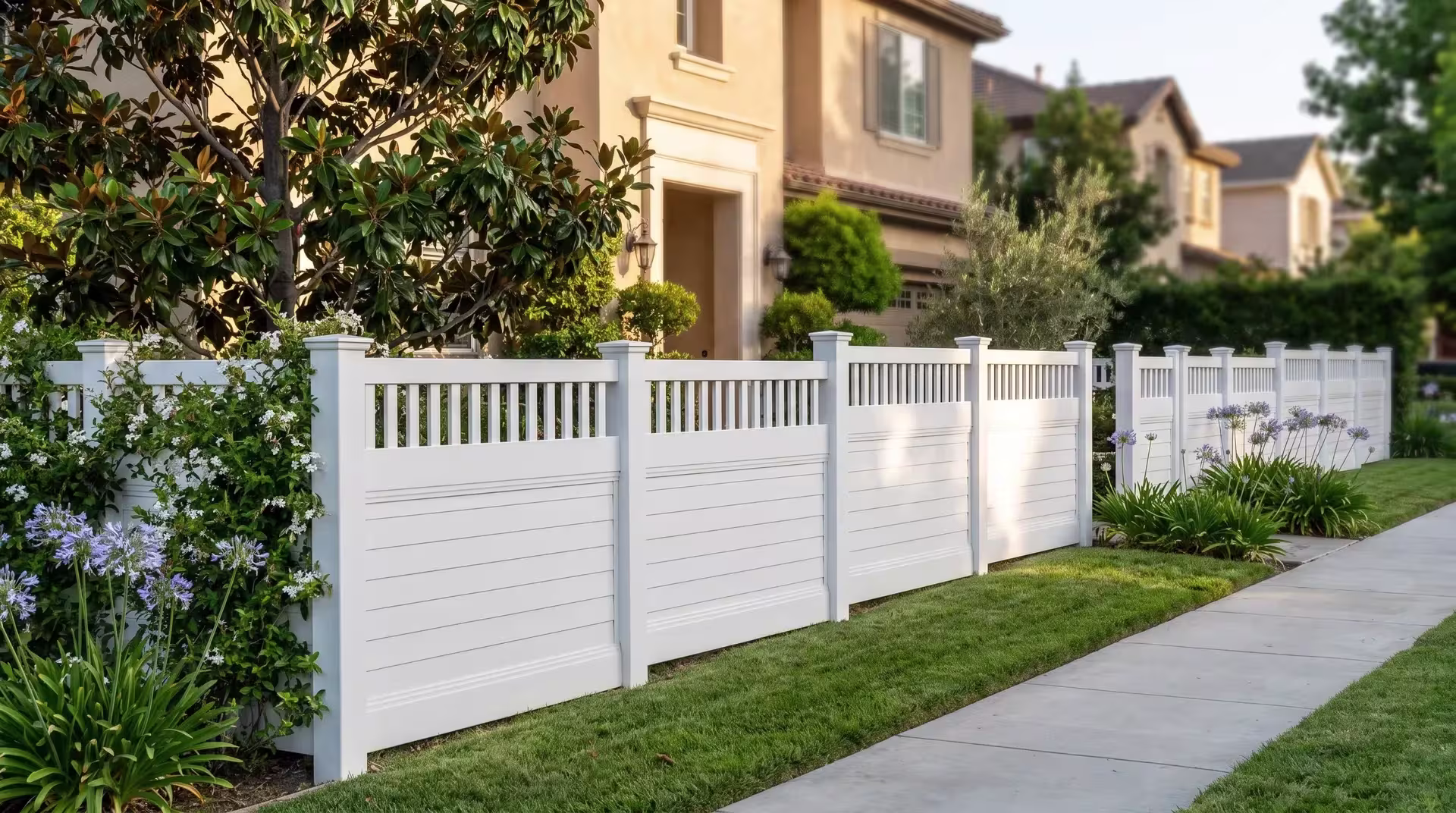 A sloped front garden carries this White vinyl fence in steps, horizontal privacy boards wearing a picket top