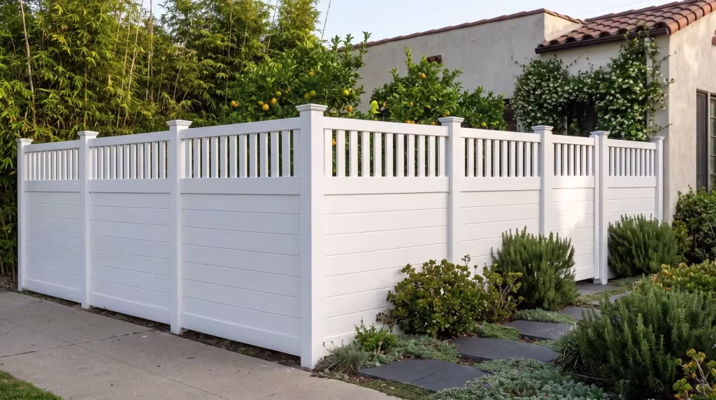 Bamboo screening softens a White vinyl fence that runs beside a restored Spanish Revival house, its crown lined in pickets