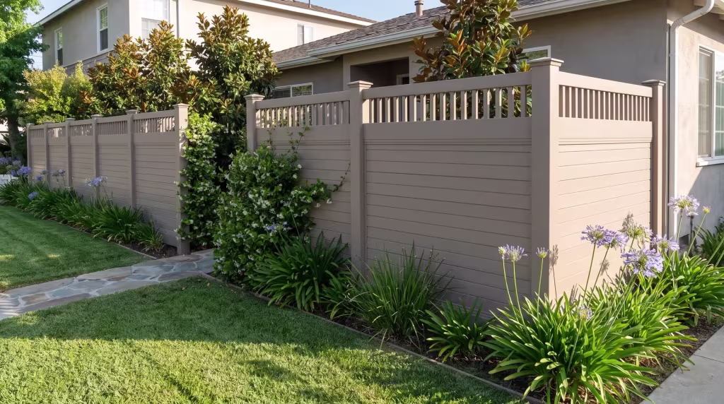 Clay vinyl privacy boards run horizontal past a flagstone walk cut through the lawn, capped by vertical pickets