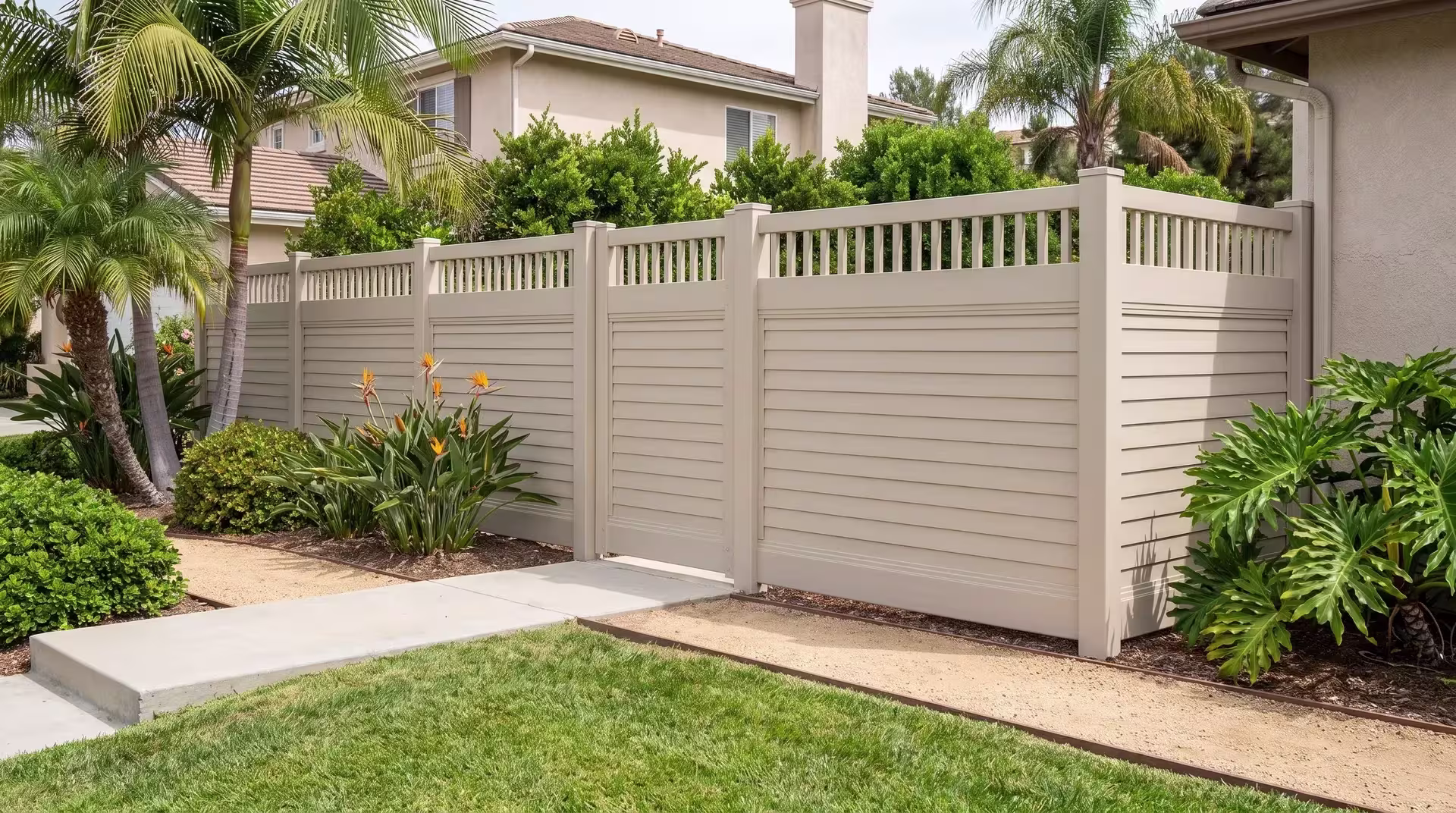 Decomposed granite paths edged in steel meet a Tan vinyl fence, its horizontal boards trimmed with a picket top