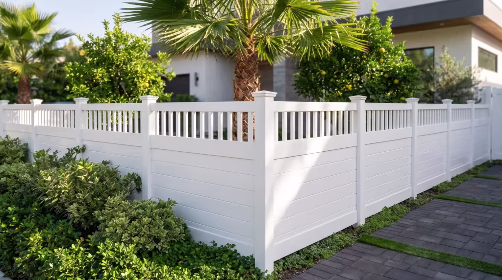 Vertical pickets crown the corner where this White vinyl privacy fence turns to follow the lot line