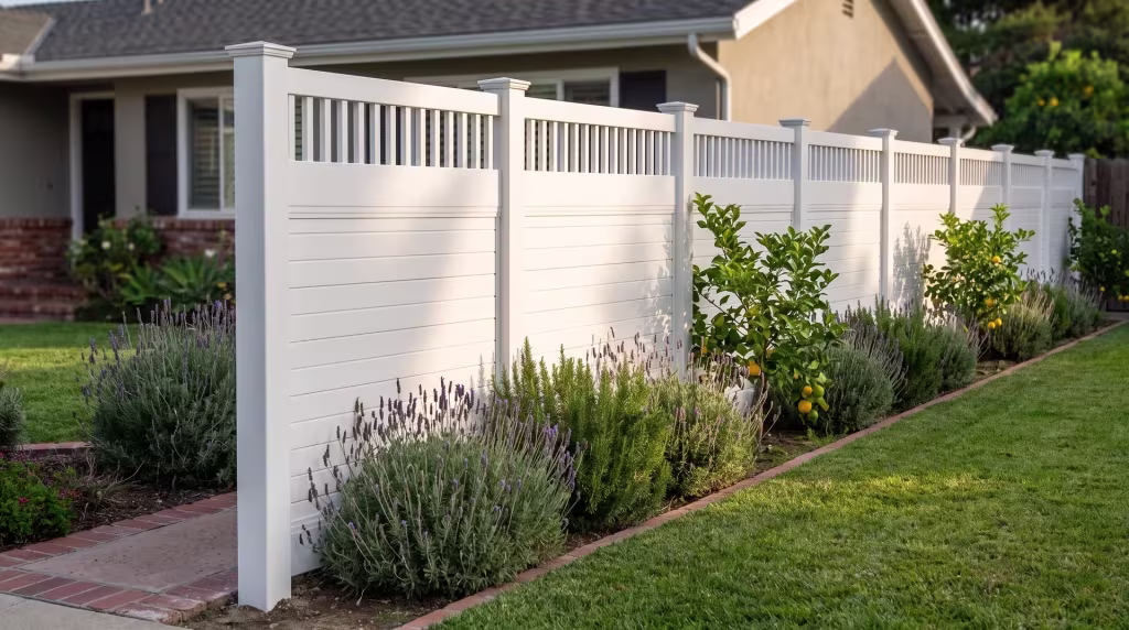 A brick-edged garden path passes this White vinyl fence, horizontal privacy panels finished under picket top trim