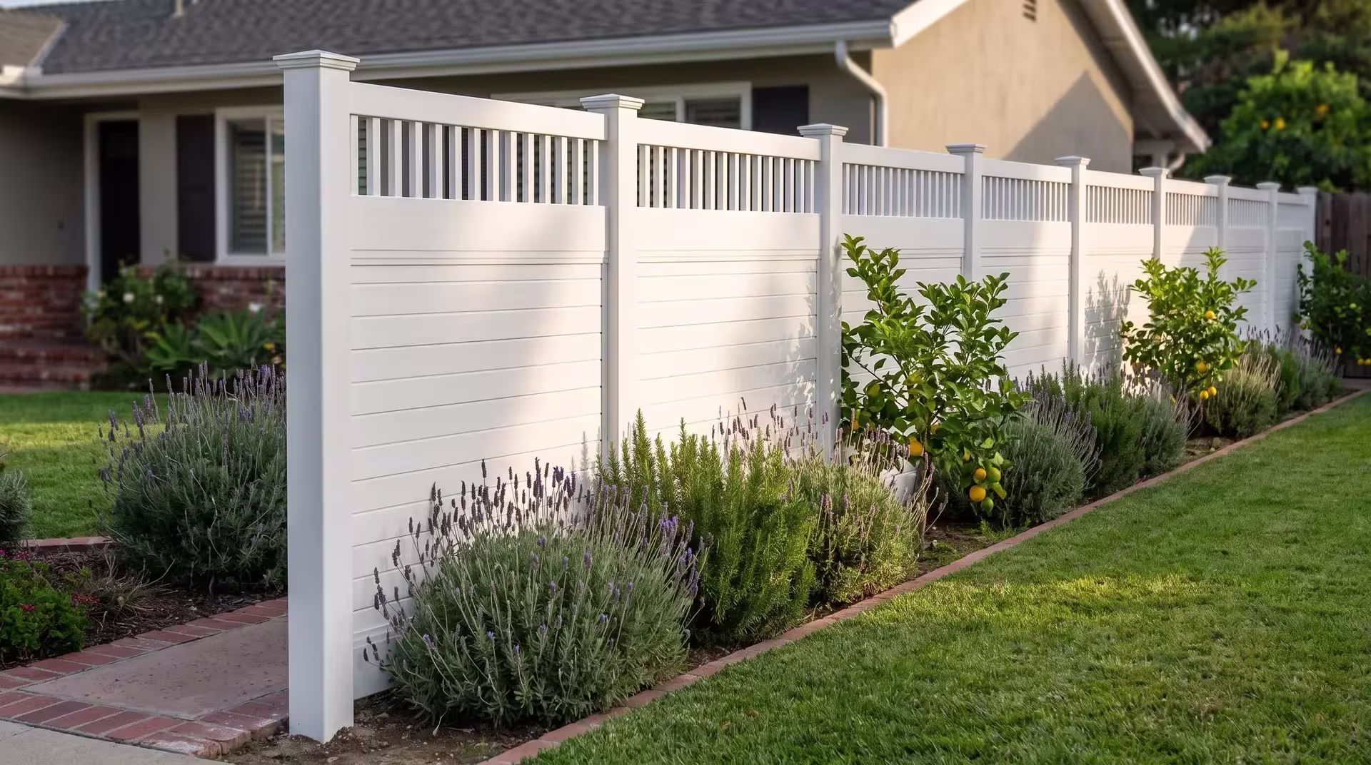 A brick-edged garden path passes this White vinyl fence, horizontal privacy panels finished under picket top trim
