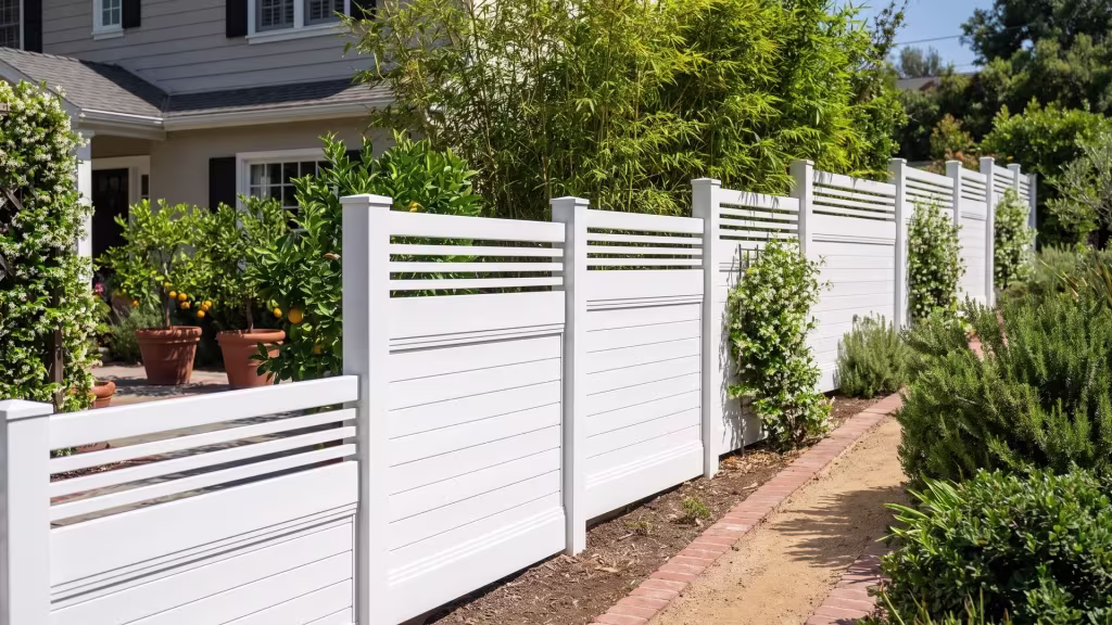 White vinyl horizontal privacy fence finished with a horizontal-picket top, framed close by bamboo screening and citrus trees