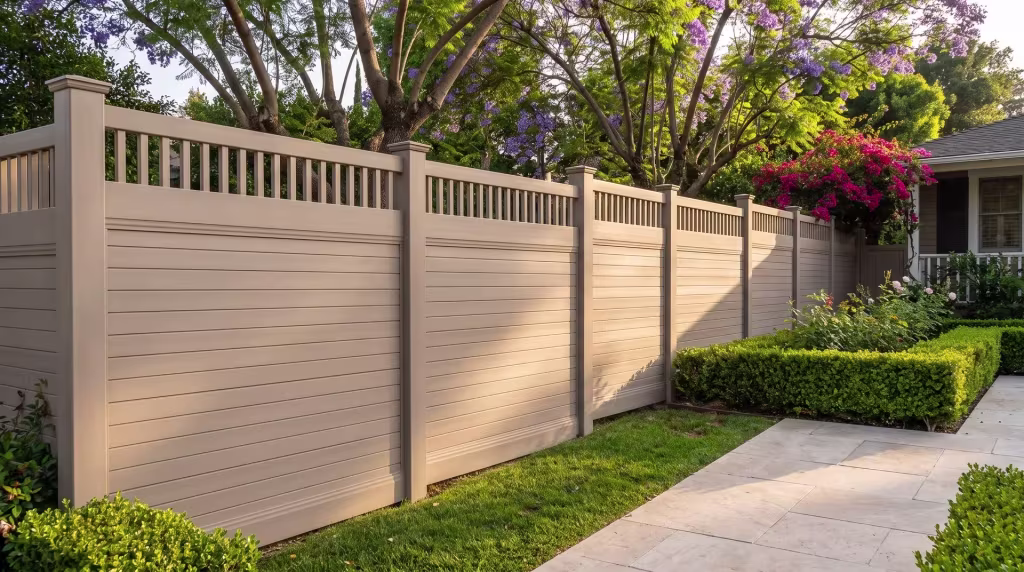 A jacaranda canopy overhangs a Clay vinyl fence built from horizontal privacy boards with a picket top crown