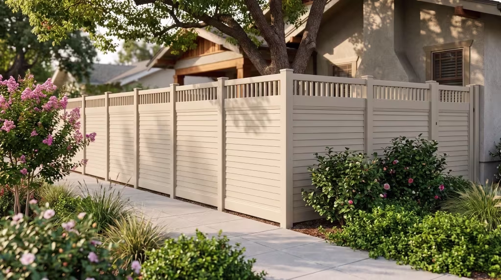 Crepe myrtle and camellias grow along a Tan vinyl privacy fence, horizontal panels rising into a picket top