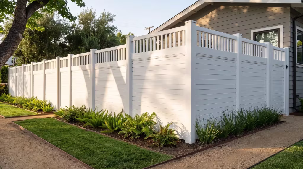 Coast live oak shade covers a White vinyl fence, horizontal boards finished beneath a row of vertical pickets
