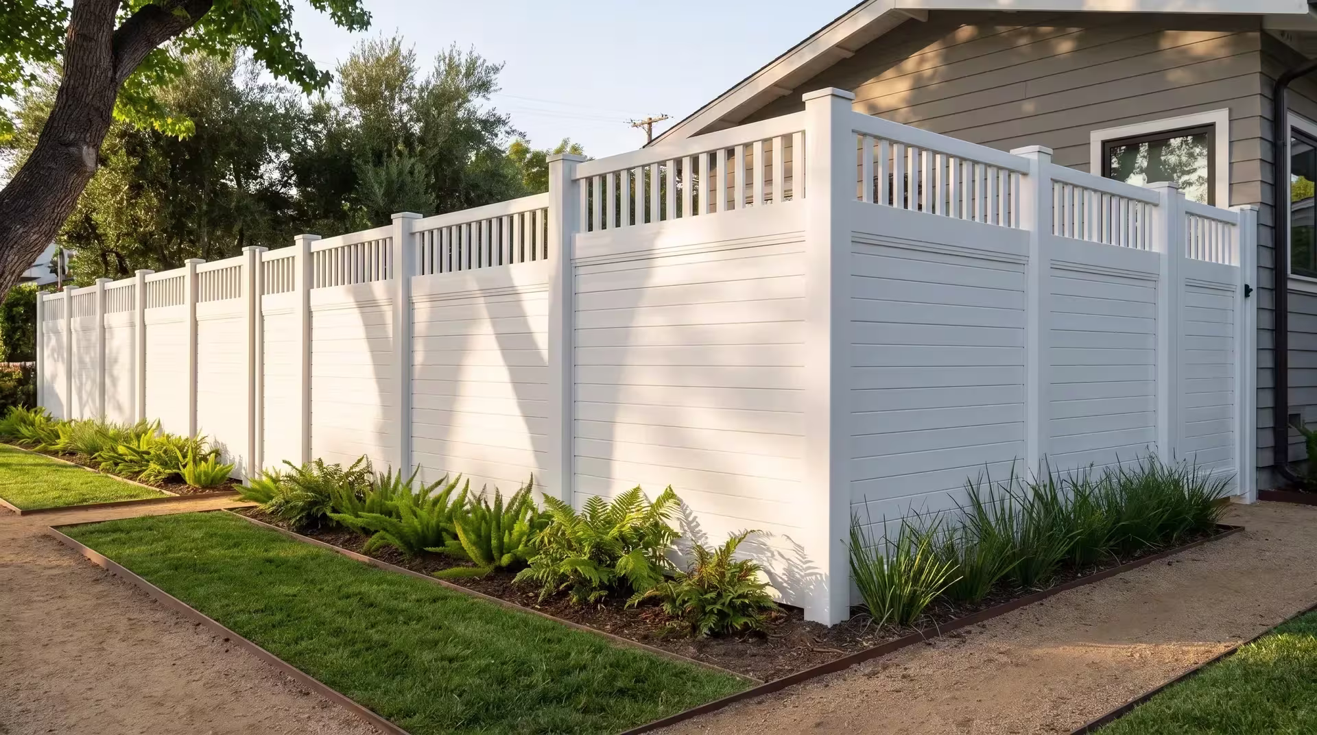 Coast live oak shade covers a White vinyl fence, horizontal boards finished beneath a row of vertical pickets