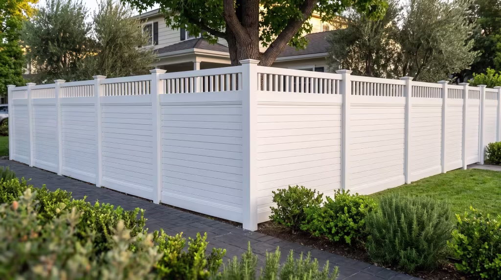 Mature olive trees and clipped pittosporum line a White vinyl fence built horizontal with a picket top edge