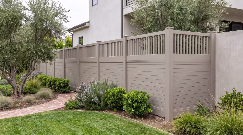 A contemporary stucco residence stands over a Clay vinyl fence built horizontal, topped by vertical pickets