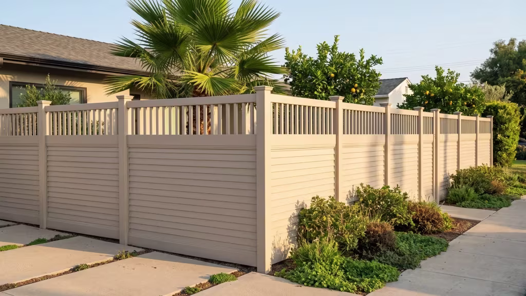 Tan vinyl horizontal privacy fence with a vertical picket top bordering a front garden of citrus trees and shrubs