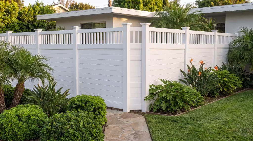 A mid-century ranch home fronts this White vinyl fence, its horizontal boards carrying a picket top crown