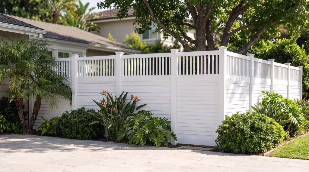 Pale stone paving beneath queen palms borders a White vinyl fence, horizontal panels finished with picket top trim