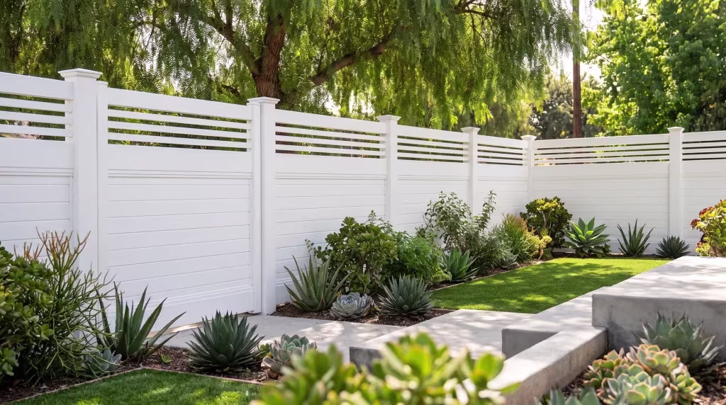 White vinyl fence with a picket top rises above poured-concrete steps at a compact bungalow entry