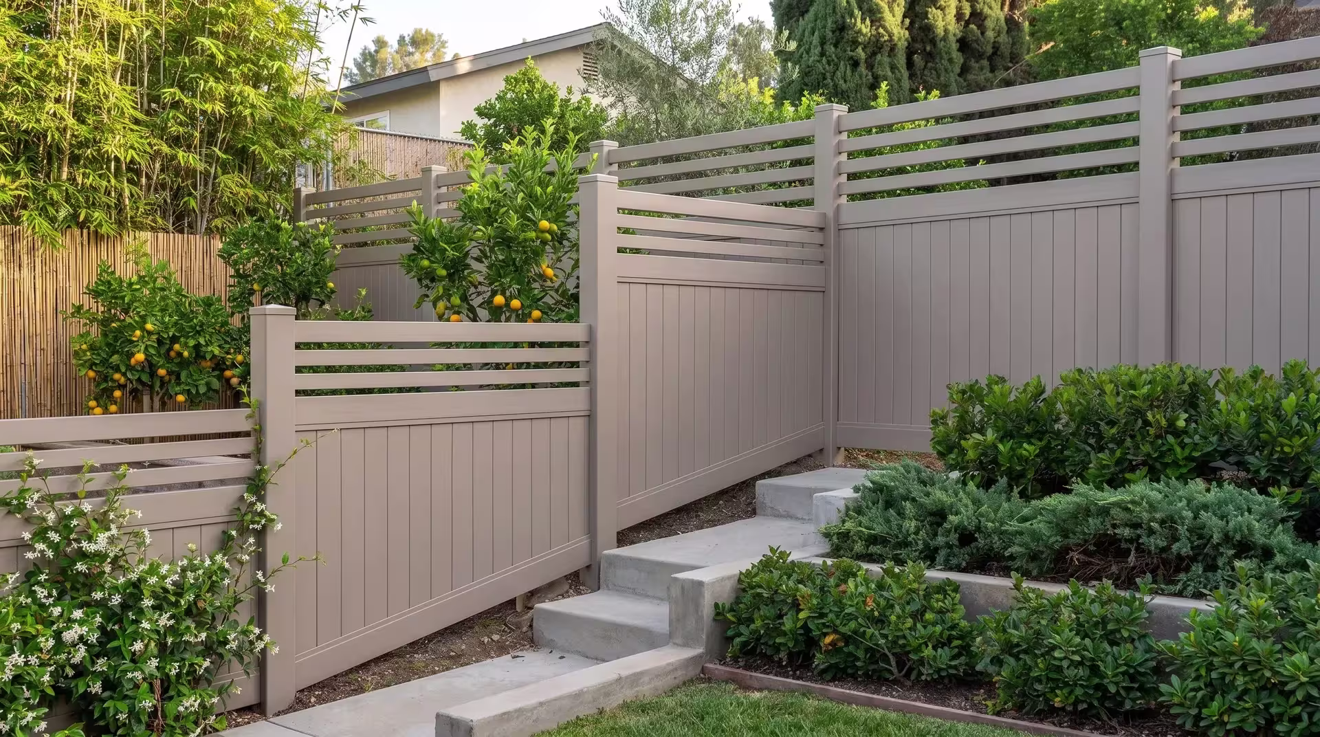 Clay vinyl privacy fencing steps down a sloped front lawn, vertical boards finished with a horizontal picket top