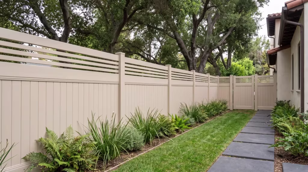 A horizontal picket top finishes this Tan vertical privacy vinyl fence beneath coast live oak shade