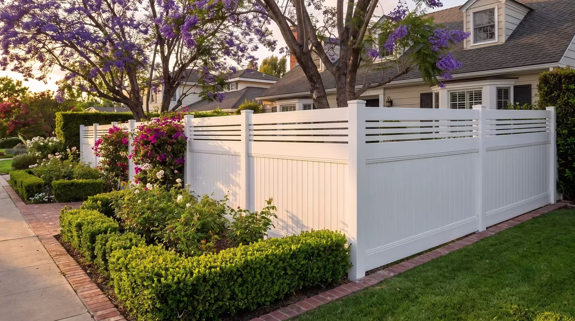 White vinyl fencing pairs vertical privacy boards with a horizontal picket top beside a brick garden path