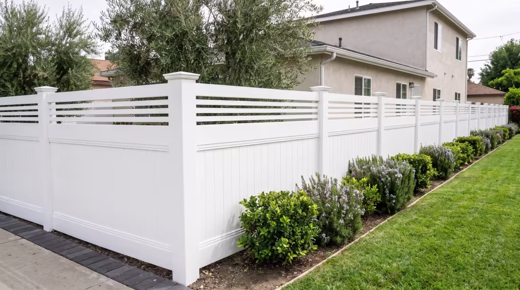 This White vertical privacy vinyl fence turns a duplex corner lot, capped by a horizontal picket top