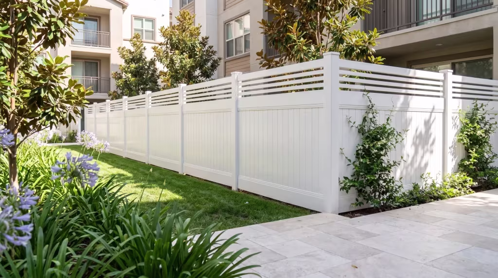 Pale stone paving fronts a White vertical privacy vinyl fence finished with a horizontal picket top