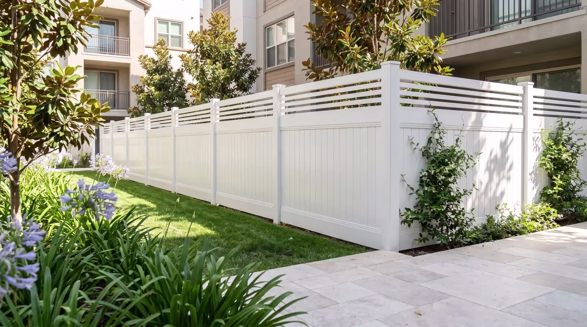 Pale stone paving fronts a White vertical privacy vinyl fence finished with a horizontal picket top