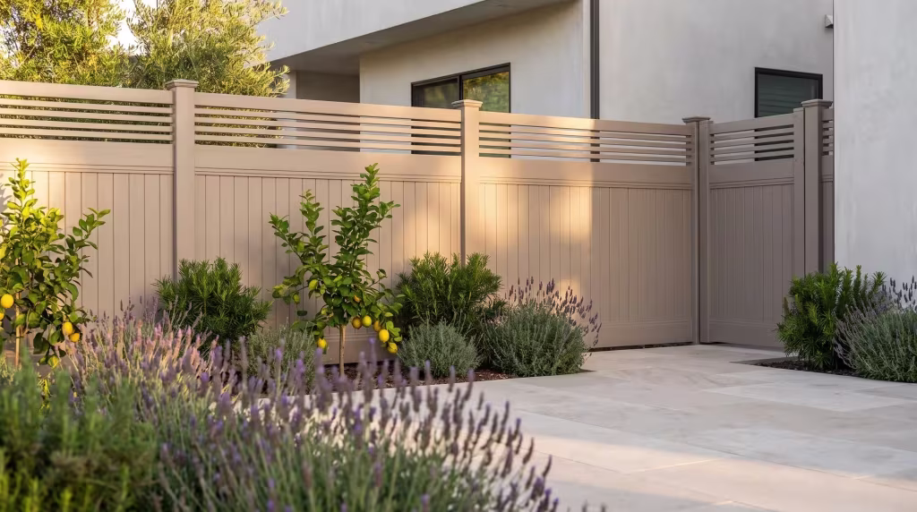 A modern home stands behind this Clay vinyl fence, vertical boards under a horizontal picket top