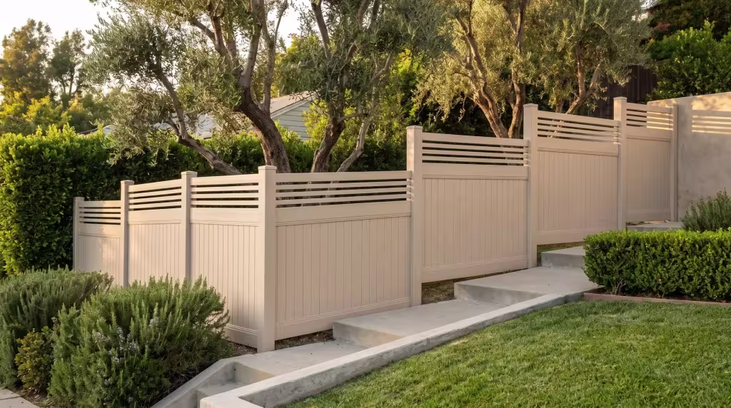 Tan vinyl privacy fencing steps down a hillside lawn, finished with a horizontal picket top above vertical boards