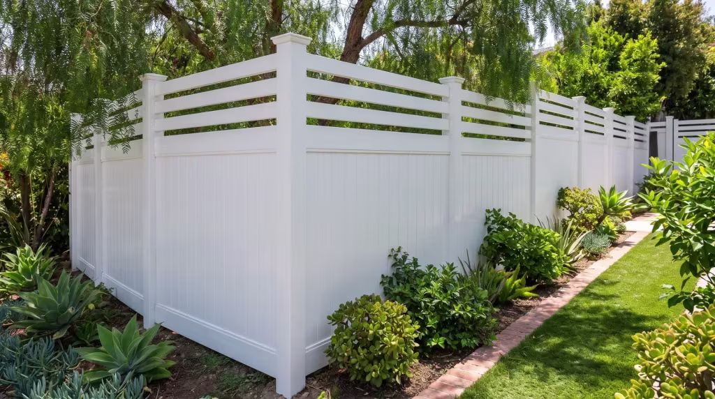 White vinyl fencing turns a corner shaded by a pepper tree, capped with a horizontal picket top over vertical boards