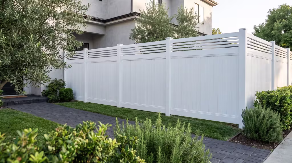 Dark charcoal pavers lead to a White vertical privacy vinyl fence with a horizontal picket top framing the entry walk