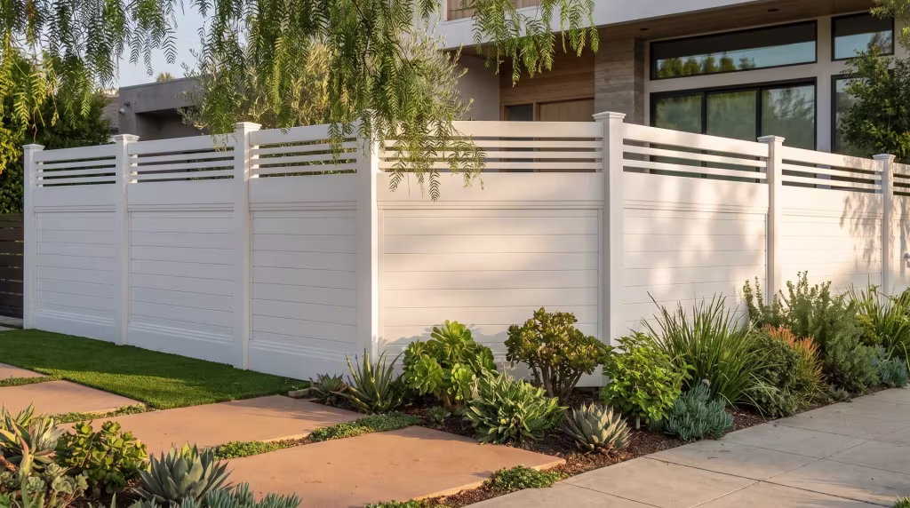 White vinyl horizontal privacy fence lines a modern front garden with a picket top beside the sidewalk