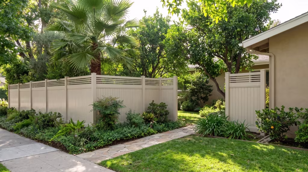 A tall fan palm rises beside this Tan vinyl fence, its vertical privacy boards finished with a horizontal picket top