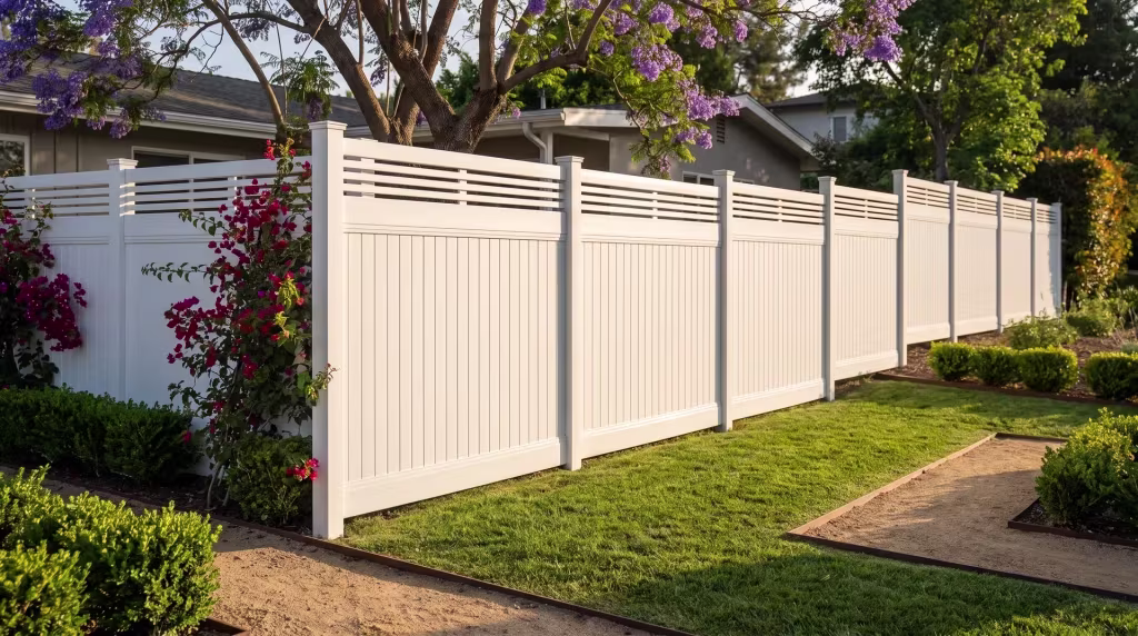 White vinyl privacy panels step down a sloped ranch lawn, each capped by a horizontal picket top