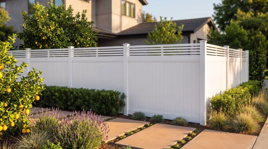 Warm concrete pavers border this White vinyl fence, its vertical privacy boards rising to a horizontal picket top