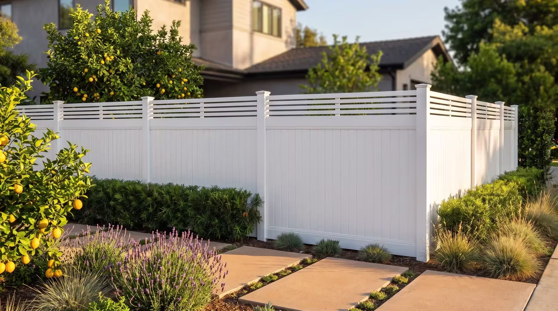 Warm concrete pavers border this White vinyl fence, its vertical privacy boards rising to a horizontal picket top