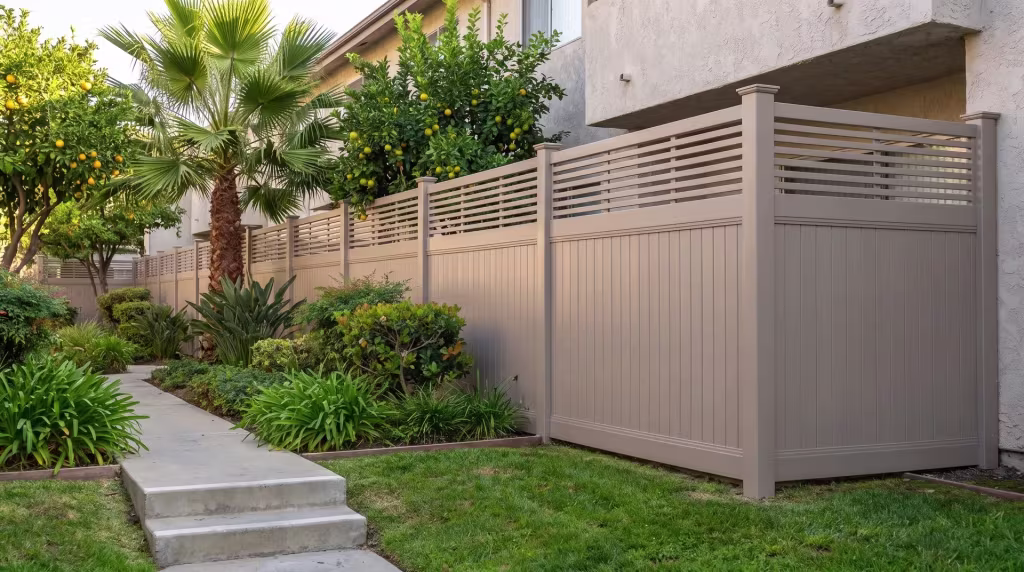 Clay vinyl fencing runs behind a tall fan palm along the entry walk, capped with a horizontal picket top