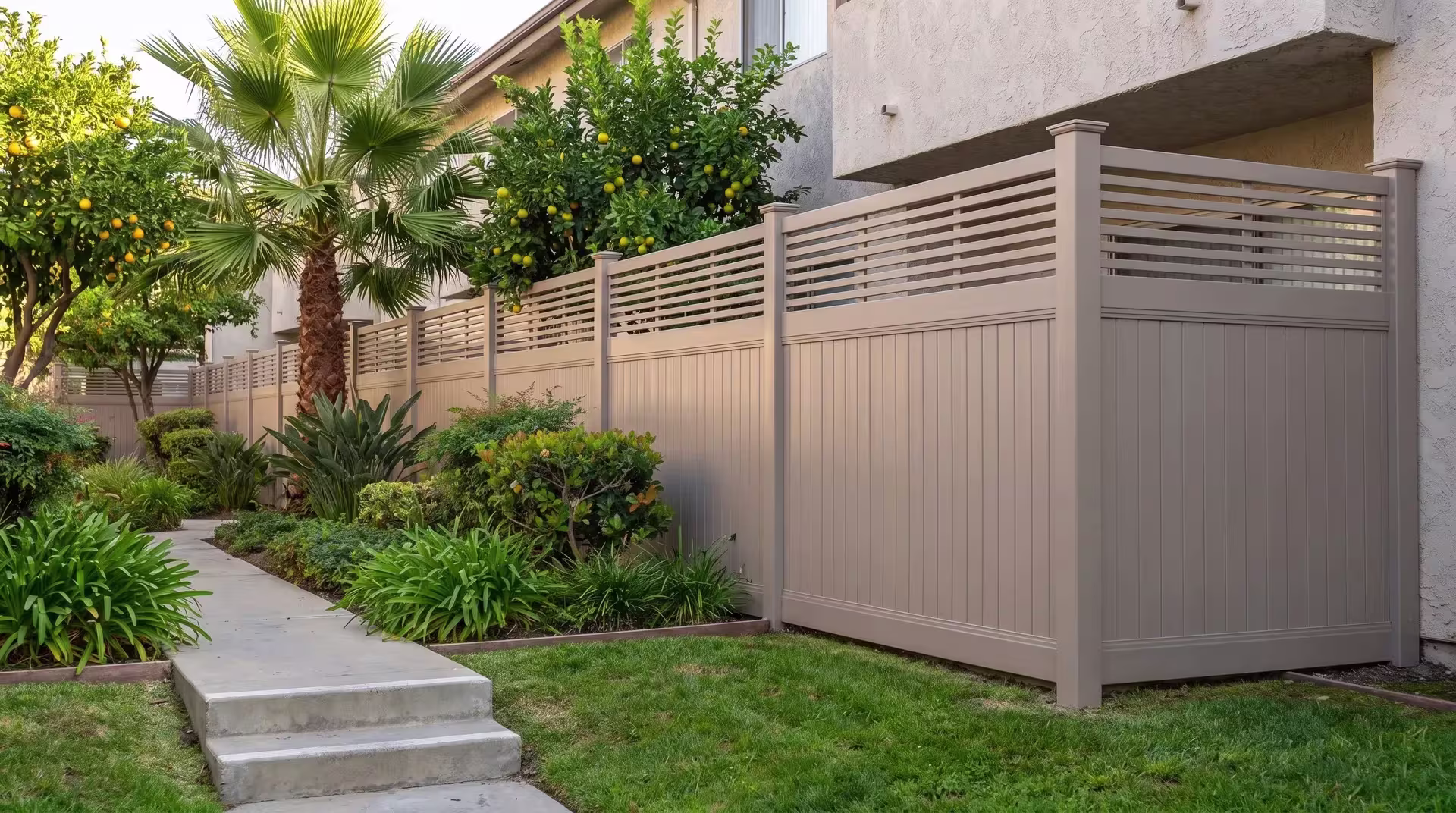 Clay vinyl fencing runs behind a tall fan palm along the entry walk, capped with a horizontal picket top