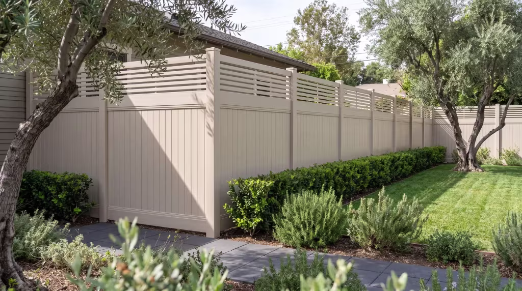 A Tan vertical privacy vinyl fence turns the corner of a compact bungalow, capped with a horizontal picket top