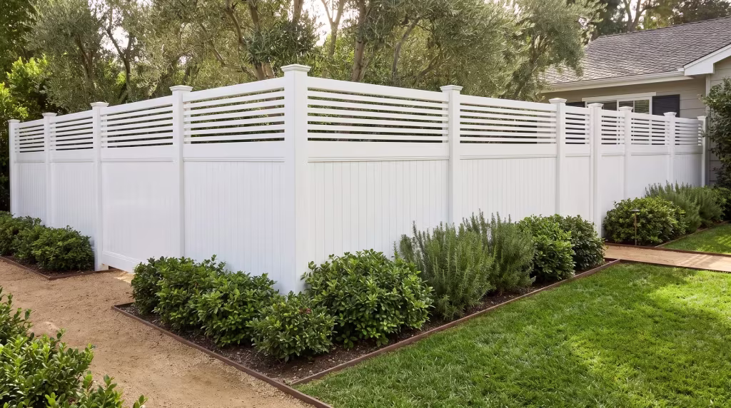 Granite paths trace a suburban corner where this White vinyl fence stands, framed by a horizontal picket top