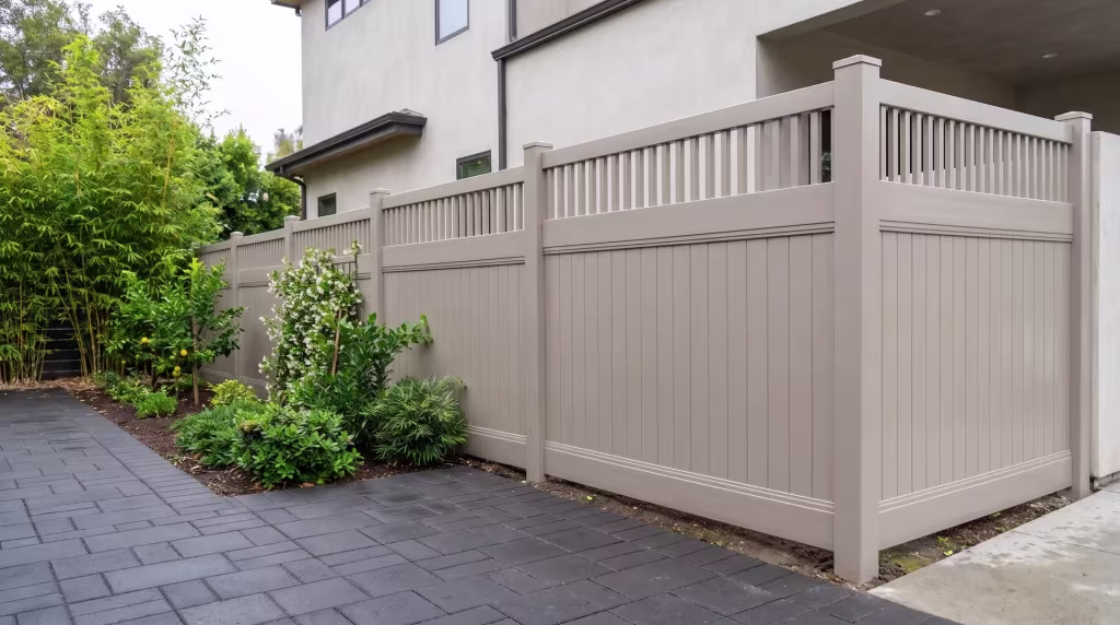 Clay vinyl privacy fence steps down a bamboo-screened front garden, its top finished in pickets
