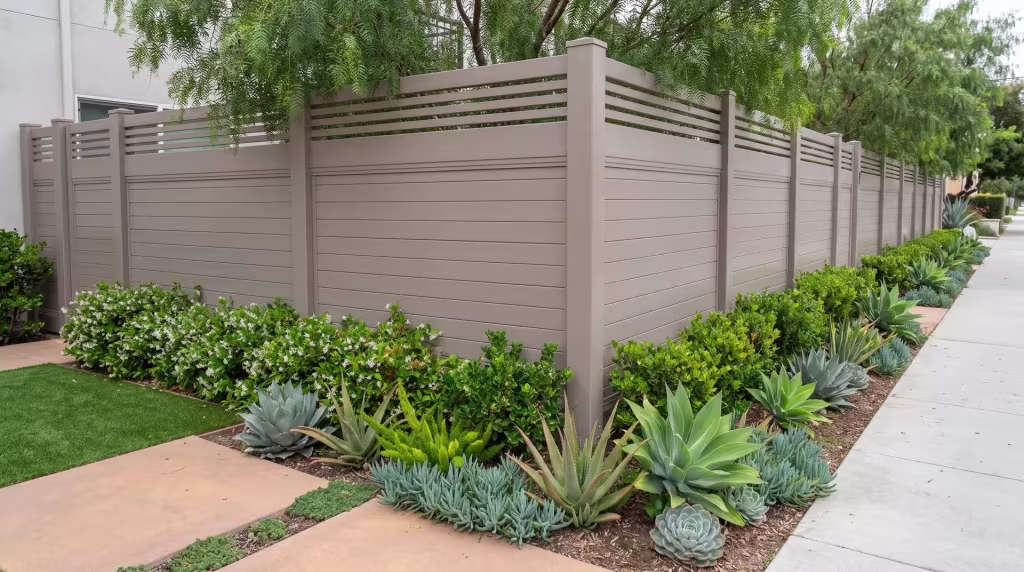 Clay vinyl horizontal privacy fence wraps a multifamily courtyard, its picket top running beside the sidewalk