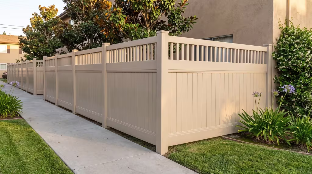 Tan vinyl privacy fence turns the courtyard corner, picket-topped, past a broom-finished concrete walk